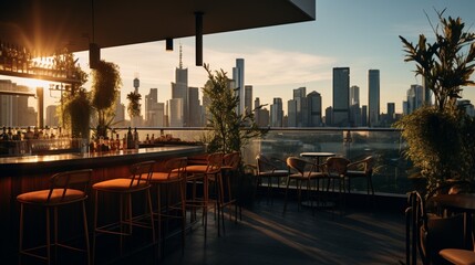 A chic city rooftop bar with panoramic city views, offering space for text placement amidst the stylish atmosphere and cityscape backdrop. - Generative AI