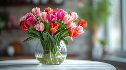 Colorful delicate tulips in a clear glass vase on a bright windowsill, banner and postcard for a holiday event
