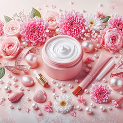 A pink jar of cream surrounded by flowers, measuring tape