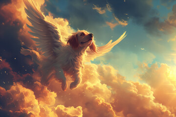 Dog With Angel Wings Soaring Through Heavenly Clouds - obrazy, fototapety, plakaty