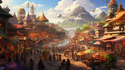 A colorful and bustling marketplace with various stalls and people, allowing for unobtrusive text placement amidst the vibrant and lively scene - Generative AI