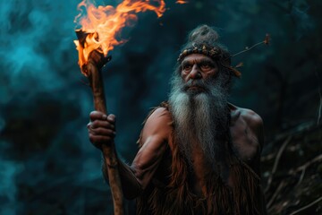 Primitive Man Wields Magic With Mystic Wooden Staff From The Past