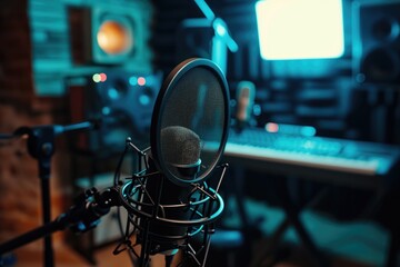 Elevated Set-Up Of Recording Studio With Professional Microphone And Pop Filter