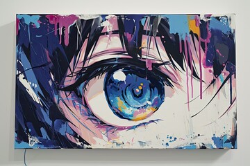 eye is painted in vibrant shades of blue with intricate details showcasing the iris and pupil