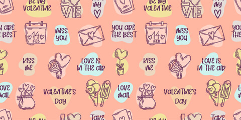 The love theme doodle style color seamless pattern, Valentines Day hand-drawn icons with a simple engraving retro effect. Romantic mood, cute symbols and elements backgrounds collection.