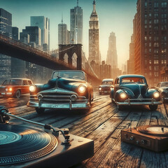 Illustration of a New York City Environment with Cars at Sunset and an Old Record Player