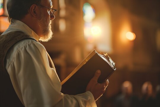 Religious Leader Holding Bible, Delivering Sermon Before Congregation, Radiating Spiritual Guidance