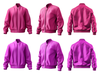2 Set of magenta purple pink, unisex bomber jacket with full zip zipper collar, front back side view on transparent background cutout, PNG file. Mockup template for artwork graphic design.