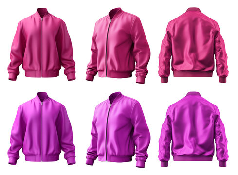 2 Set of magenta purple pink, unisex bomber jacket with full zip zipper collar, front back side view on transparent background cutout, PNG file. Mockup template for artwork graphic design.
