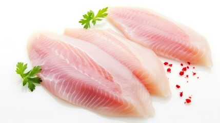 Raw tilapia fillet fish isolated on white background for cooking food/Fresh fish fillet sliced for steak, - obrazy, fototapety, plakaty