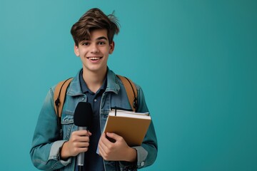 Obraz premium Eager Young Reporter Equipped With Microphone And Notebook, Prepared To Deliver News Stories