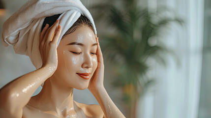 Asian women are using a dry towel to dry their hair.after showering - obrazy, fototapety, plakaty