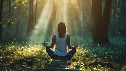 Back of woman relaxingly practicing meditation yoga in the forest to attain happiness from inner peace wisdom serenity with beam of sun light for healthy mind wellbeing and wellness soul concept