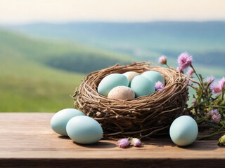 Easter eggs in nest on the wooden table, countryside style of living.	