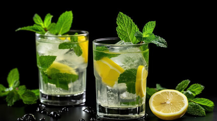 Two glasses of lemonade or a cocktail with lemon and mint on a black background. Summer refreshing drinks.