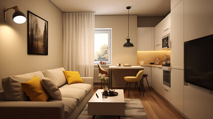 Small but long living room. On the one side super comfortable and cozy corner couch and TV area, on the other small kitchen with table and chairs vis a vis. It should be styled in a traditional and el - obrazy, fototapety, plakaty
