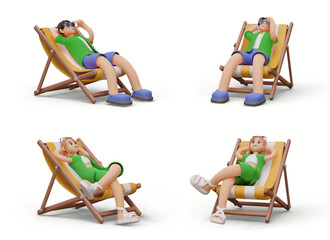 Set of vector vacationers in cartoon style. Realistic characters, view from different sides. Man and woman lie in beach lounger chairs. Isolated illustrations