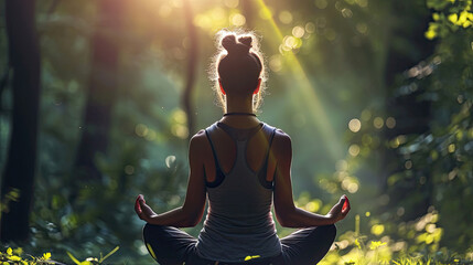 Back of woman relaxingly practicing meditation yoga in the forest to attain happiness from inner peace wisdom serenity with beam of sun light for healthy mind wellbeing and wellness soul concept - obrazy, fototapety, plakaty