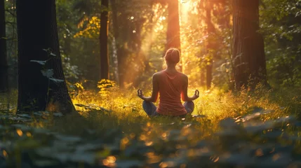 Selbstklebende Fototapeten Back of woman relaxingly practicing meditation yoga in the forest to attain happiness from inner peace wisdom serenity with beam of sun light for healthy mind wellbeing and wellness soul concept © Sasint