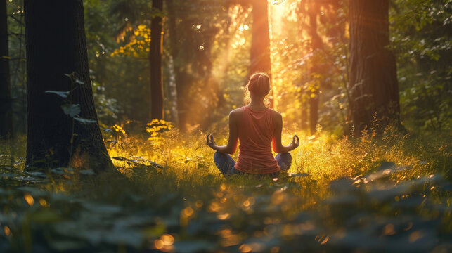 Back of woman relaxingly practicing meditation yoga in the forest to attain happiness from inner peace wisdom serenity with beam of sun light for healthy mind wellbeing and wellness soul concept