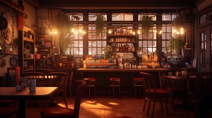 A cozy coffee shop interior with warm lighting and inviting ambiance, offering an unobtrusive space for text placement amidst the comforting atmosphere - Generative AI - obrazy, fototapety, plakaty