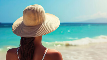 Fototapeta na wymiar Beach Woman in Sun Hat on Vacation