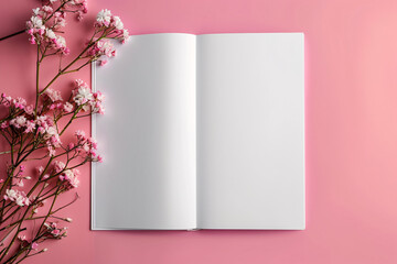 Open book with blank pages and pink flowers on a pink surface