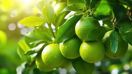 Limes tree in the garden are excellent source of vitamin C. Green organic lime citrus fruit hanging on tree.