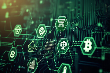 Digital blockchain concept with icons on dark background