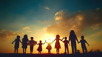silhouette of family on sunset background