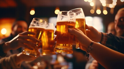 Evening group of friends drinking beer and clinking glasses.