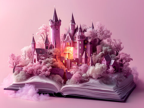 Open pink fairy tale book with fantasy castle on pink background with red glow. 3D Rendering