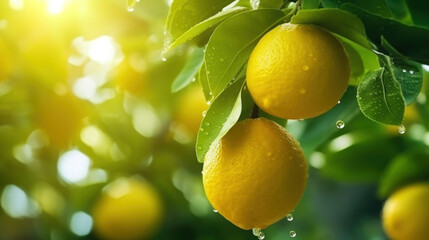 Lemon tree in the garden are excellent source of vitamin C. The lemon is a bright yellow citrus fruit hanging on tree.
