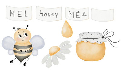 Watercolor set of a bee, a jar of honey and stickers with an inscription. Set ready for World Beekeepers Day on a white background. Cute insect and flowers for printing on labels and advertising
