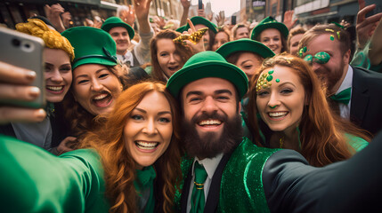 group of people dressed in green taking a selfie, celebrating st. patrician's day - obrazy, fototapety, plakaty