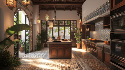 Fototapeta na wymiar completely renovated 1950s anisometric maroc megamansion chefs kitchen, intricate details