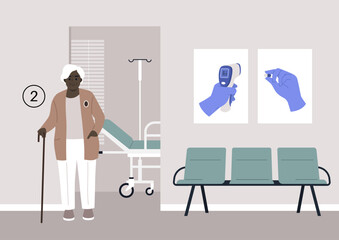 An elderly individual patiently waits in the hospital corridor, anticipating their annual checkup