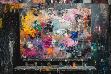 abstract painting displayed on a wall that is splattered with various colors of paint