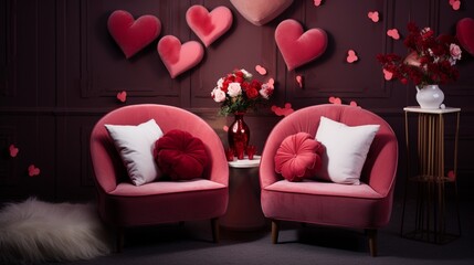 A cozy living room setup with heart-shaped pillows on a love seat, offering space for text against the warm and inviting Valentine's Day décor. - Generative AI