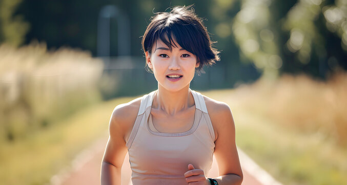 Focused young woman jogging on a track field during sunset, exemplifying a healthy lifestyle and athletic training.Generative AI
