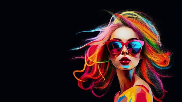 Colorful Woman with Colorful Hait and Sunglasses and Space for Copy