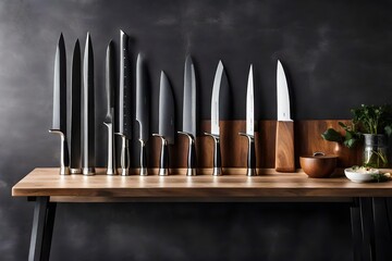 Immerse yourself in the world of culinary precision and aesthetics as you picture a super realistic HD image capturing a set of kitchen knives standing proudly on the table. 

