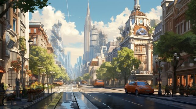 A daytime cityscape with bustling streets, illuminated buildings, and a vibrant atmosphere, capturing the energy and dynamism of an urban scene in daylight - Generative AI