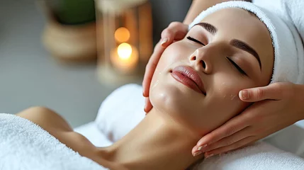Tissu par mètre Salon de massage Beautiful woman in spa salon getting face massage treatment. Girl facial treatment. Skin care. Body care.