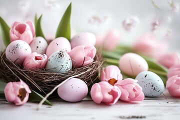 Obraz na płótnie Canvas Pastel Elegance Easter Holiday Celebration Banner Greeting Card with Painted Eggs in a Bird Nest Basket, Pink Tulip Flowers on a White Wooden Table Texture Background. created with Generative AI