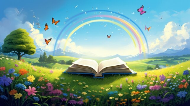 Sunny meadow in the morning, with an open book symbol of science and education, with butterflies on a sunny dayt themed preschool education.