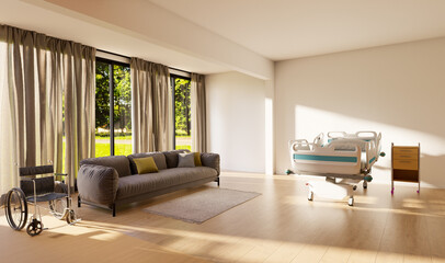 VIP luxury hospital room design, 3d illustration rendering