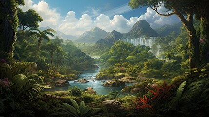 A daytime view of a tropical rainforest with lush vegetation and vibrant wildlife, portraying the rich biodiversity of a daytime jungle setting - Generative AI