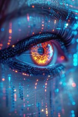 Perfect macro photography of orange eyes and perfect vision in neon light