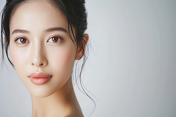 Fototapeta premium Beautiful young Asian woman with clean fresh skin on white background, Face care, Facial treatment, Cosmetology, beauty and spa, Asian women portrait.